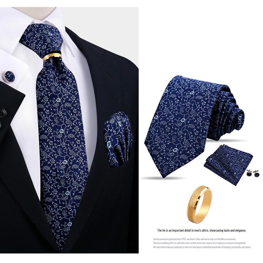 Men's Tie, Pocket Square, and Cufflinks 4-Piece Set - Cashew Flower Design, High-End Feel, 8cm Tie