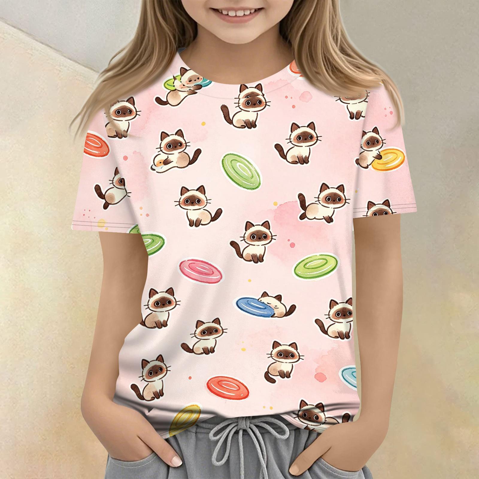 

Kids Short Sleeve T Shirt Casual Loose Fit Crew Neck Top with Animal Print Soft Comfortable Fabric Suitable for Everyday Wear 120 рожевий