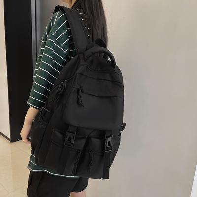 Schultasche Nylon Harajuku College Student Campus Rucksack Trendig Cool Rein Schwarz Schultasche Damen Werkzeugstil Lässiger Rucksack mit großem Fassungsvermögen Herren