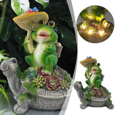 LED Işıklı Dış Mekan Reçine Binici Kaplumbağa Bahçe Heykeli, Yeni Sanat Komik Güneş Işığı Dış Mekan Heykeli, Yar İçin Güneş Enerjili Bahçe Süslemeleri Kaplumbağa