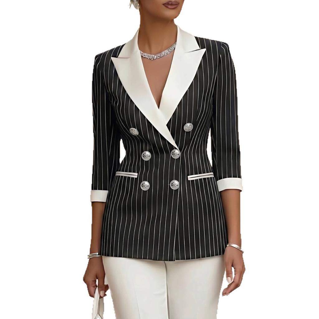 Women Black White Stripe Blazer