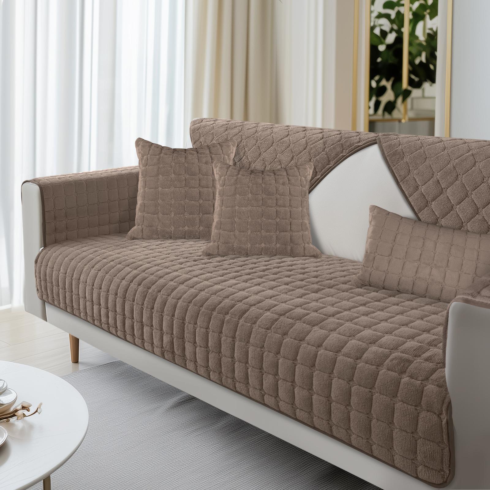 

Flannel Quilted Sofa Towel Solid Soft Thicken Plush Plaid Sofa Cover Anti-slip Couch Covers for Living Room Furniture Protector 1PC 30x50 pillowcase кавовий