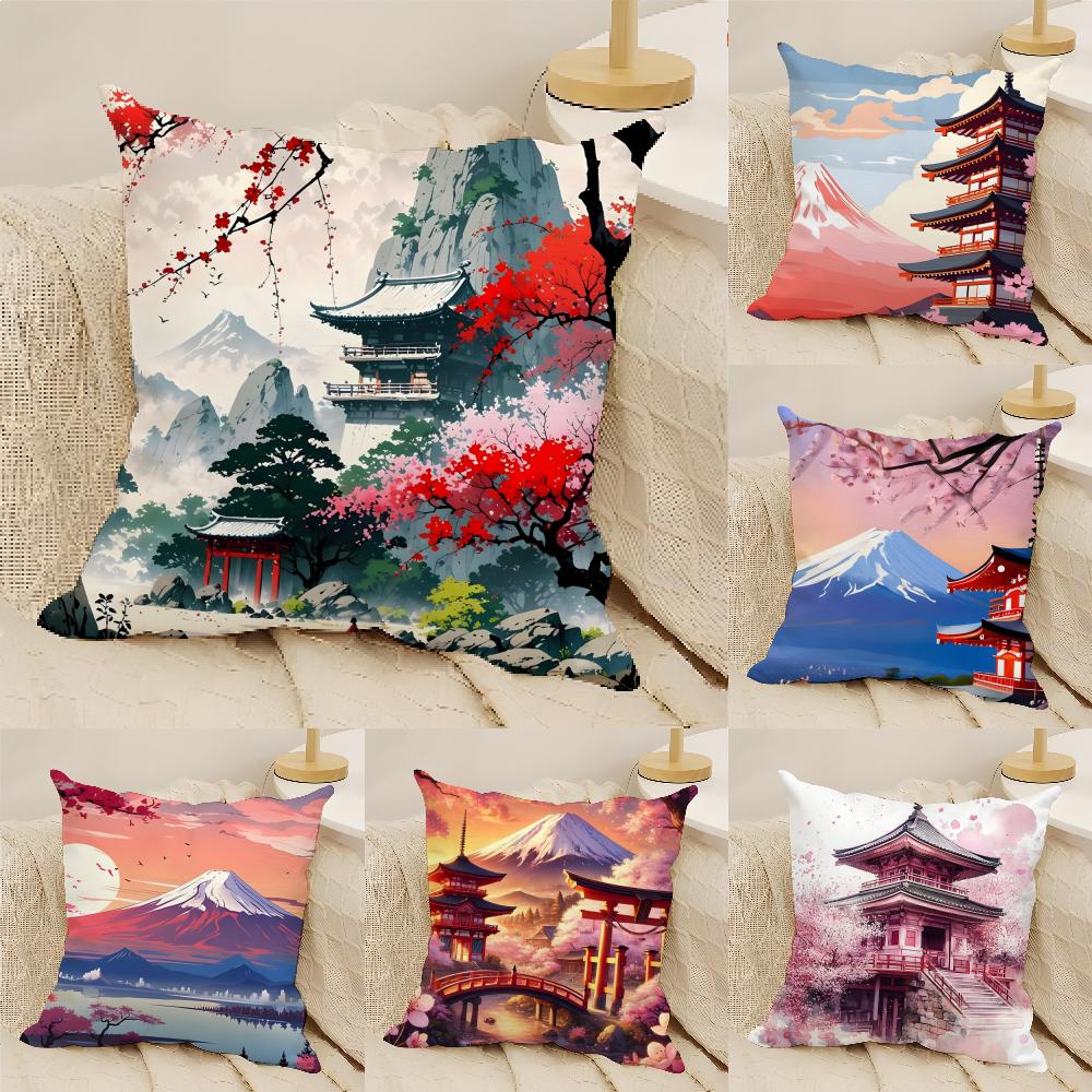 Retro Japanese Pagoda Landscape 4 Pillow Case Linen Cushion Covers For Decorative Sofa Home Pillows Case Car Chair Pillows Cases