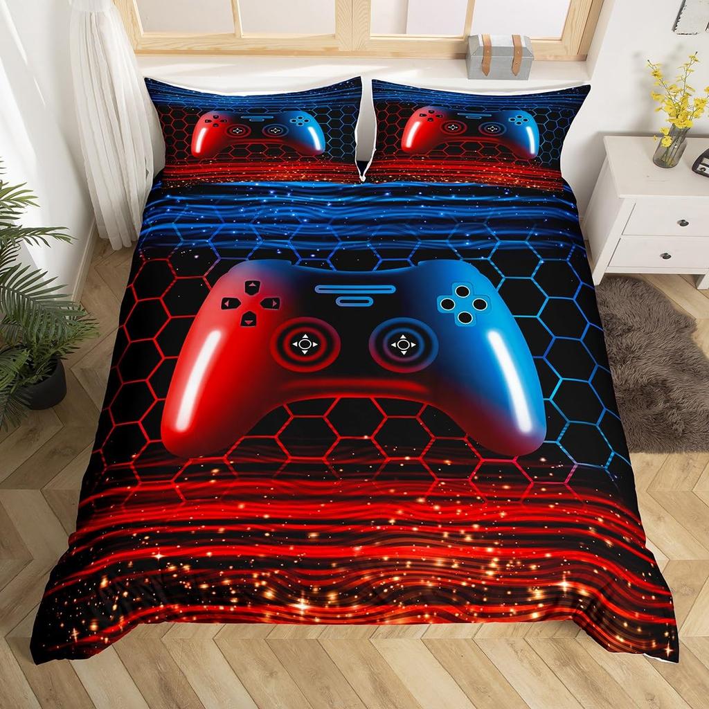 Comforter Gamer Bedding Set Gaming For Kids Teens Men Game Console Bed Set Geometry Stripes Honeycomb Hexagon Comforter