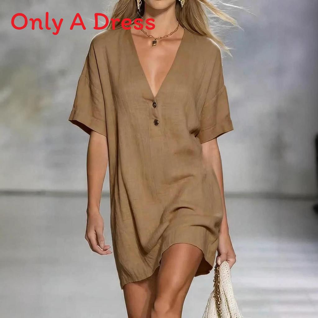 Cotton Linen Summer Dress For Women With Vneck Halfopen Collar Casual Aline Style