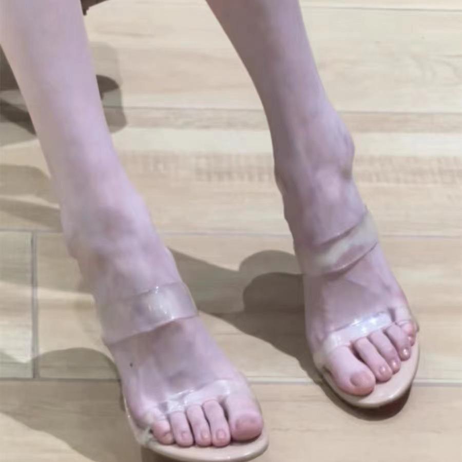 [Spot] Nude One-word with Transparent Leak-toe Sandals Women's New Sexy Outer Slippers Stiletto High Heels