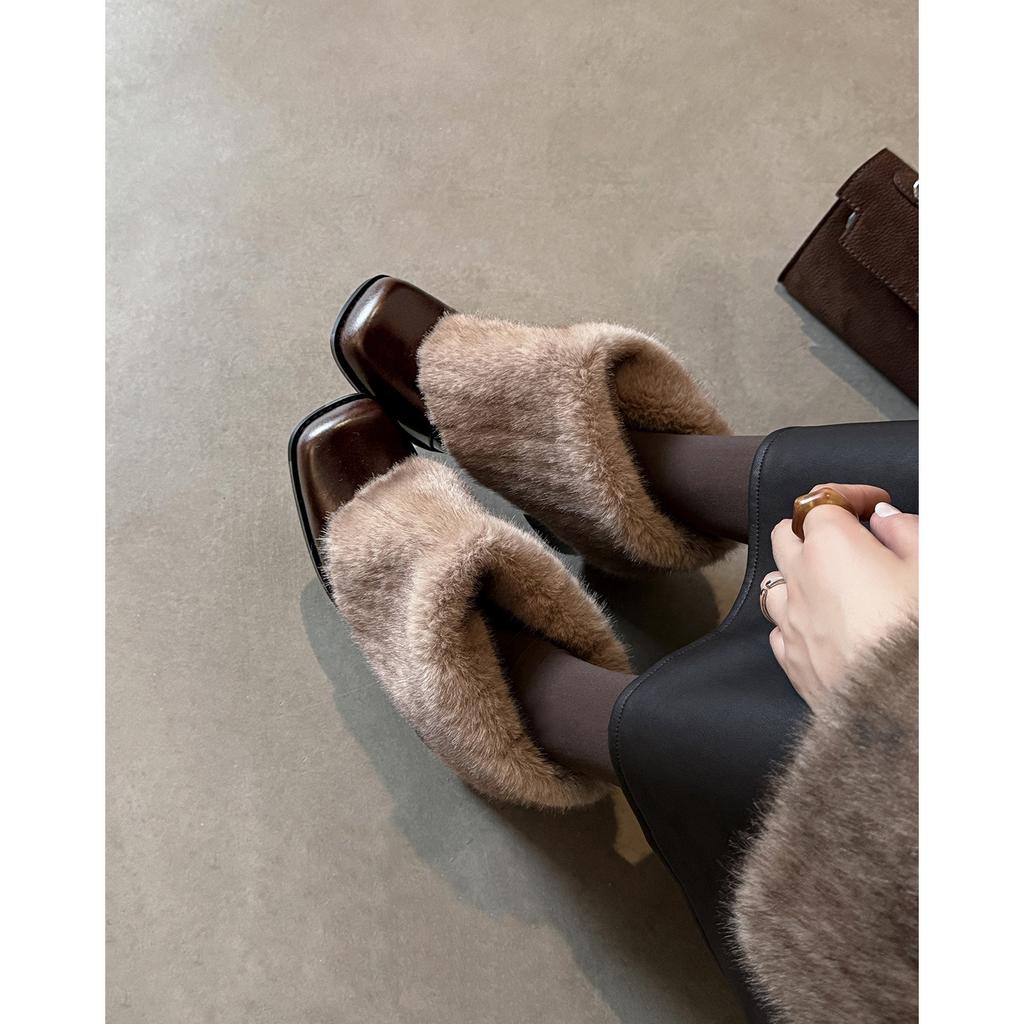 Hairy short boots thick heel square head piled and thickened design wide tube thin boots