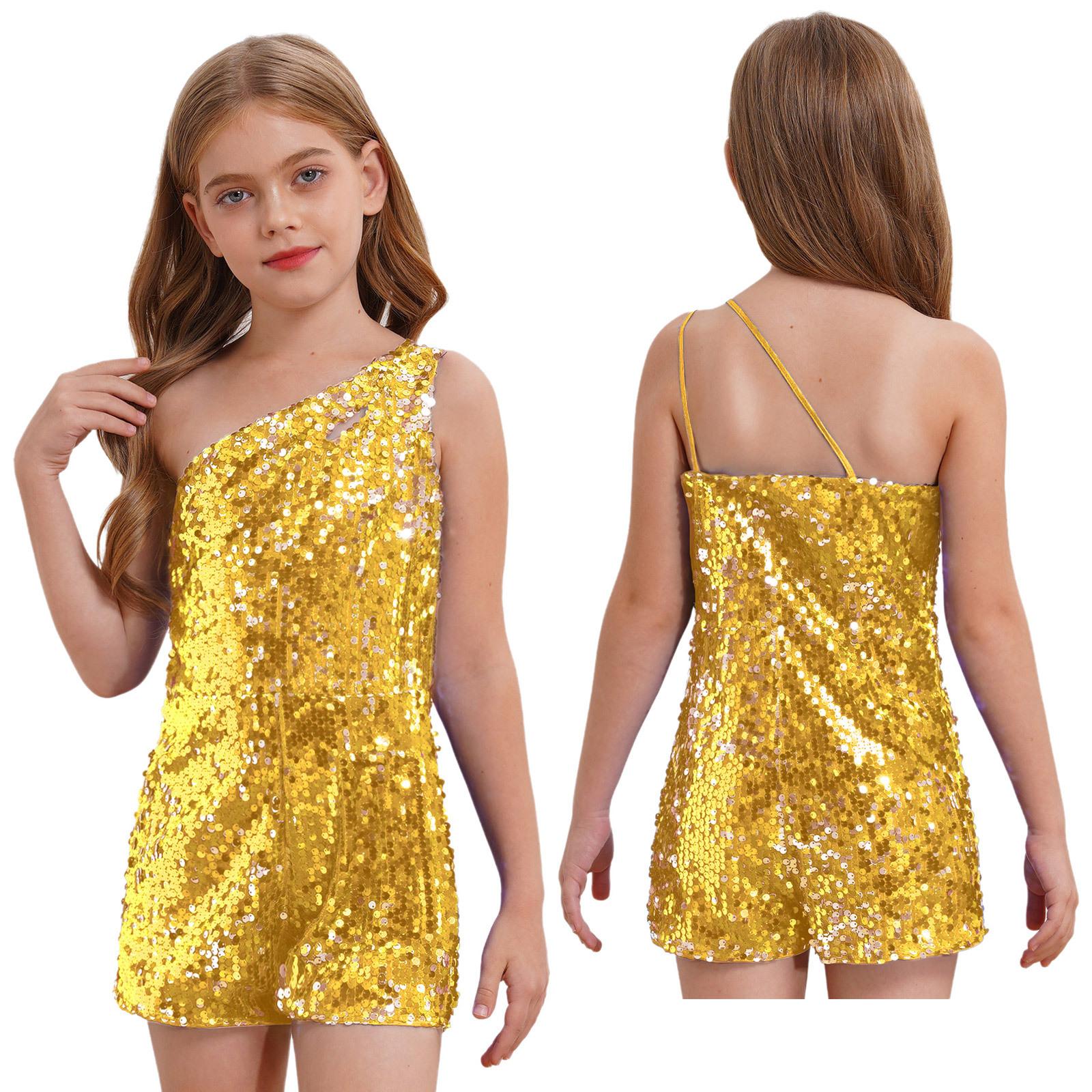 

Детский комбинезон с блестками для девочек, модный короткий комбинезон для дня рождения, выпускного вечера, джазового танца ча-ча-ча 5-6 Years золотой