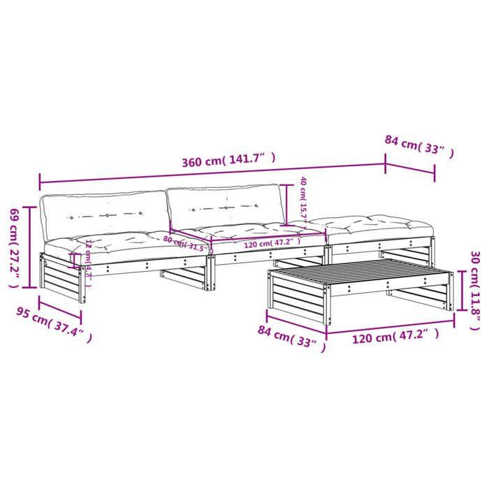 VidaXL Salon de Jardin avec Coussins 4 pcs, Canapé avec Dossier, Ensemble de Meubles avec Table Basse Patio Terrasse, 3186138
