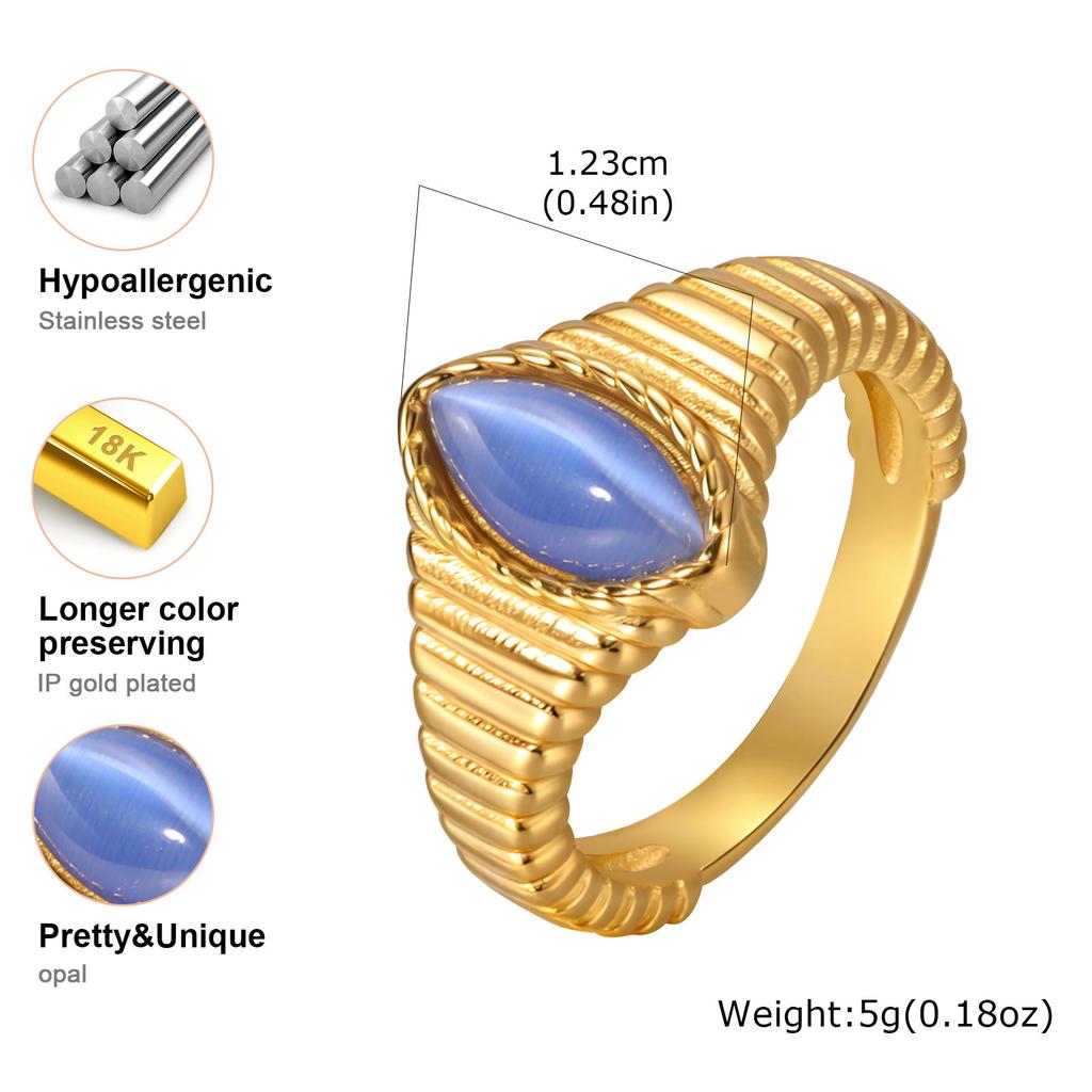 Stainless Steel Finger Rings for Women, Vintage Opal Blue Natural Stone Eye-shape Ring, Aesthetic Jewelry