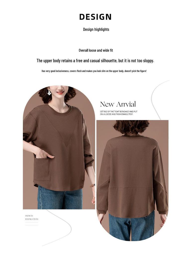 Plus Size Solid Color Long-Sleeve Shirt for Middle-Aged Women - Versatile Slimming Base for Spring & Autumn