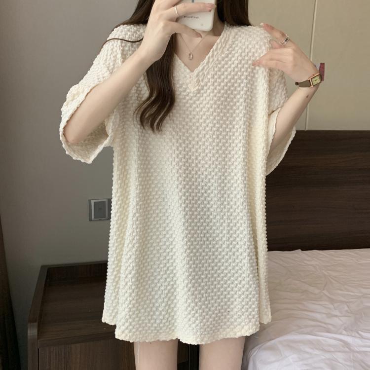 

300 Jin Plus Size V-Neck Short-Sleeve Loose T-Shirt for Women – Casual, Lazy Style, Mid-Length, Trendy Top M (up to 120 jin) бежевый
