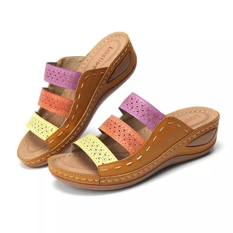 2025 Summer Women's Wedge Sandals: European & American Style, Color Block, One-Strap Design, In Stock
