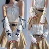 1pair Female  Fashion Arm Warmers Bowknot Soft Knitted Gloves Women Girl Half Finger Mittens Solid Color Thicken Arm Sleeves