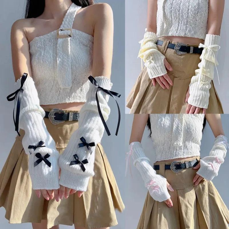 1pair Female  Fashion Arm Warmers Bowknot Soft Knitted Gloves Women Girl Half Finger Mittens Solid Color Thicken Arm Sleeves