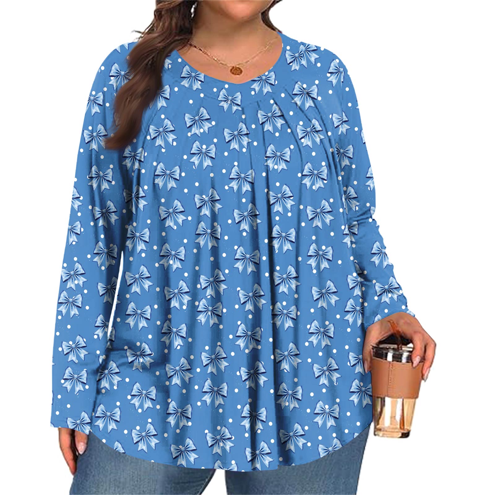 

Женский модный топ большого размера с принтом, повседневный плиссированный, с круглым вырезом и длинными рукавами XXXXXL синий