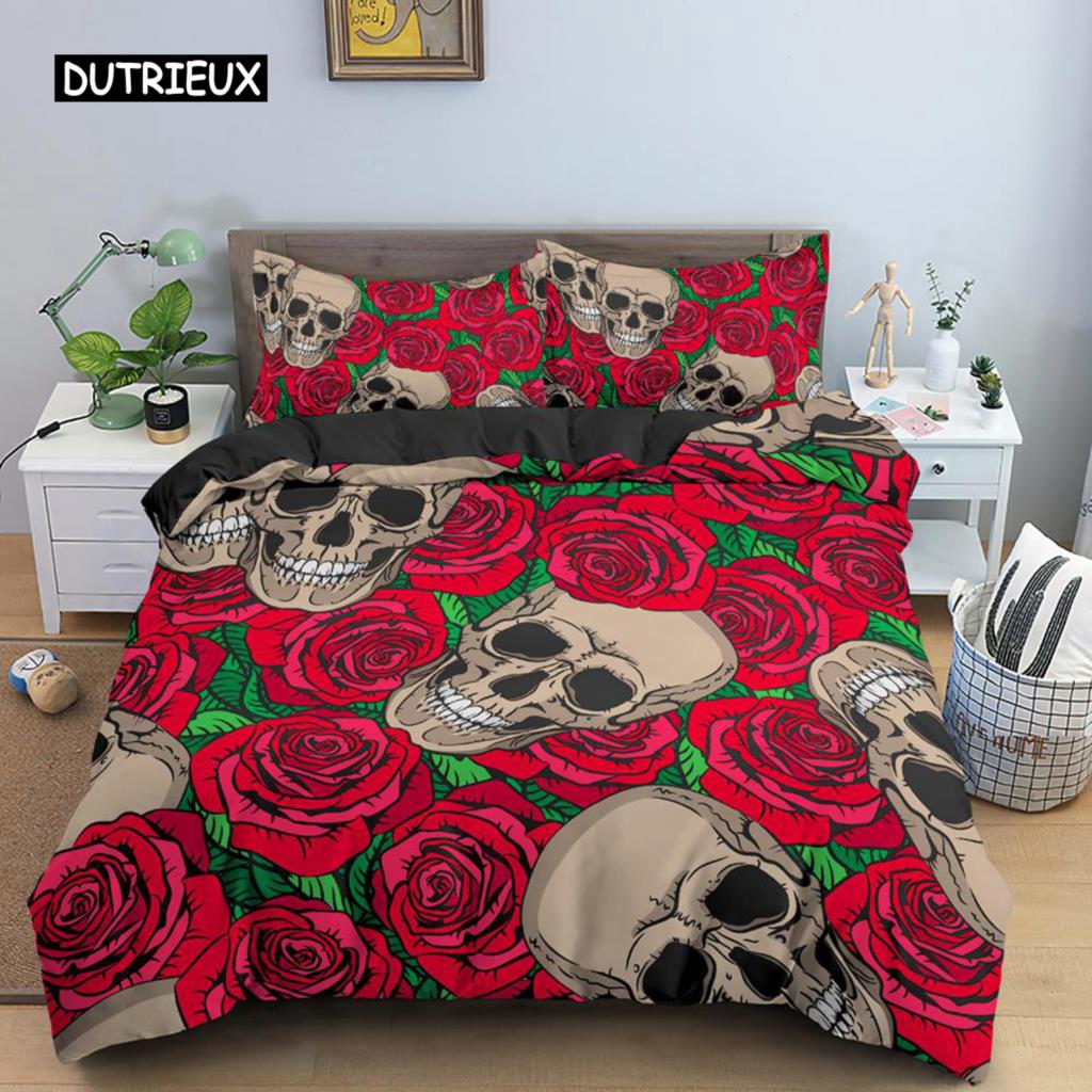 Skull Duvet Cover Set King Queen Size Gothic Rose Flowers And Skull Bones Bedding Set Microfiber Horror Skeleton Comforter Cover
