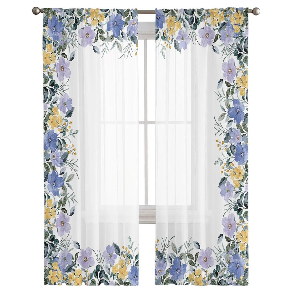Summer Purple Flowers Watercolor Sheer Window Curtains For Living Room Kitchen Children Bedroom Voile Hanging Curtain