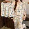 Lace Short-Sleeved Pajamas Women'S Summer Cute Simple Cartoon Cloud Cotton Loungewear Three-Piece Set