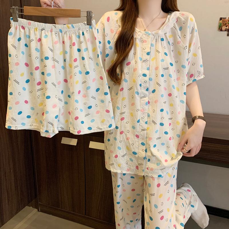 Lace Short-Sleeved Pajamas Women'S Summer Cute Simple Cartoon Cloud Cotton Loungewear Three-Piece Set