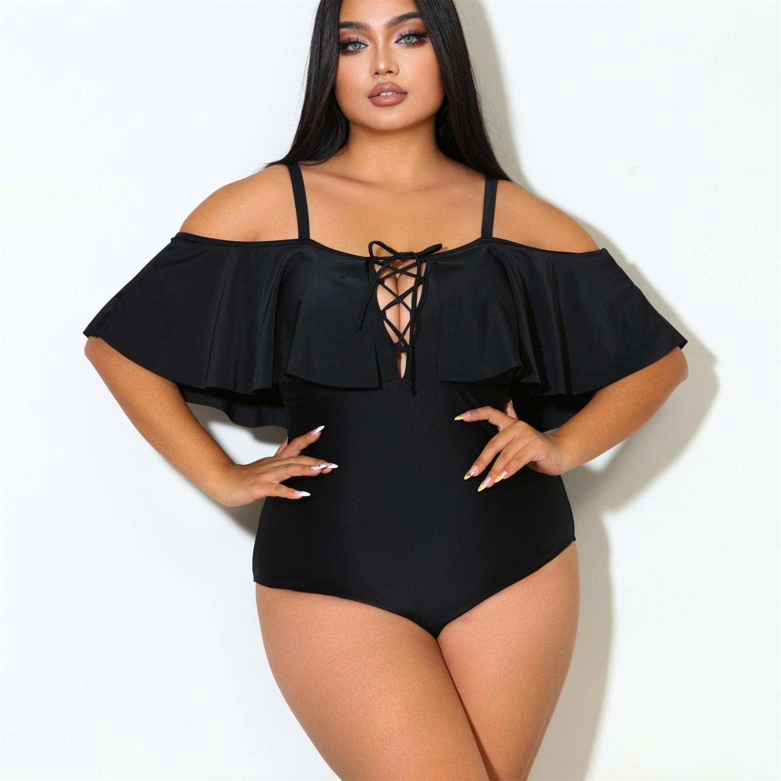 One Piece Swimsuit Women Off Shoulder Ruffle Sleeve Lace Up Front Cut Out Back Swimwear Beachwear Bathing Suit XXL чёрный