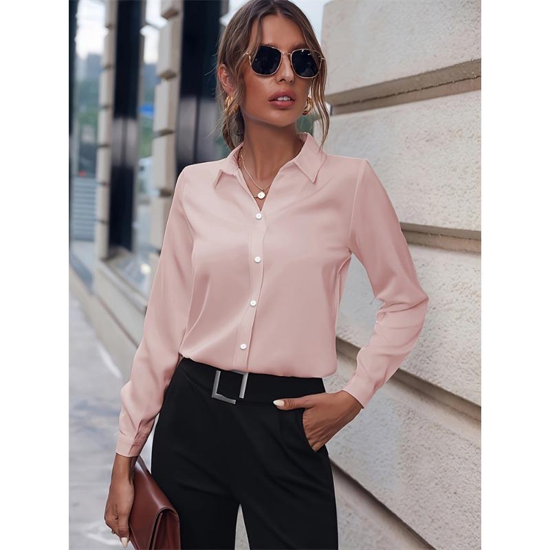 Chemise Femme Tempérament Décontractée Ample Confortable Bouton Revers Mode Chemise Couleur Unie Manches Longues Chemise de Bureau Femme