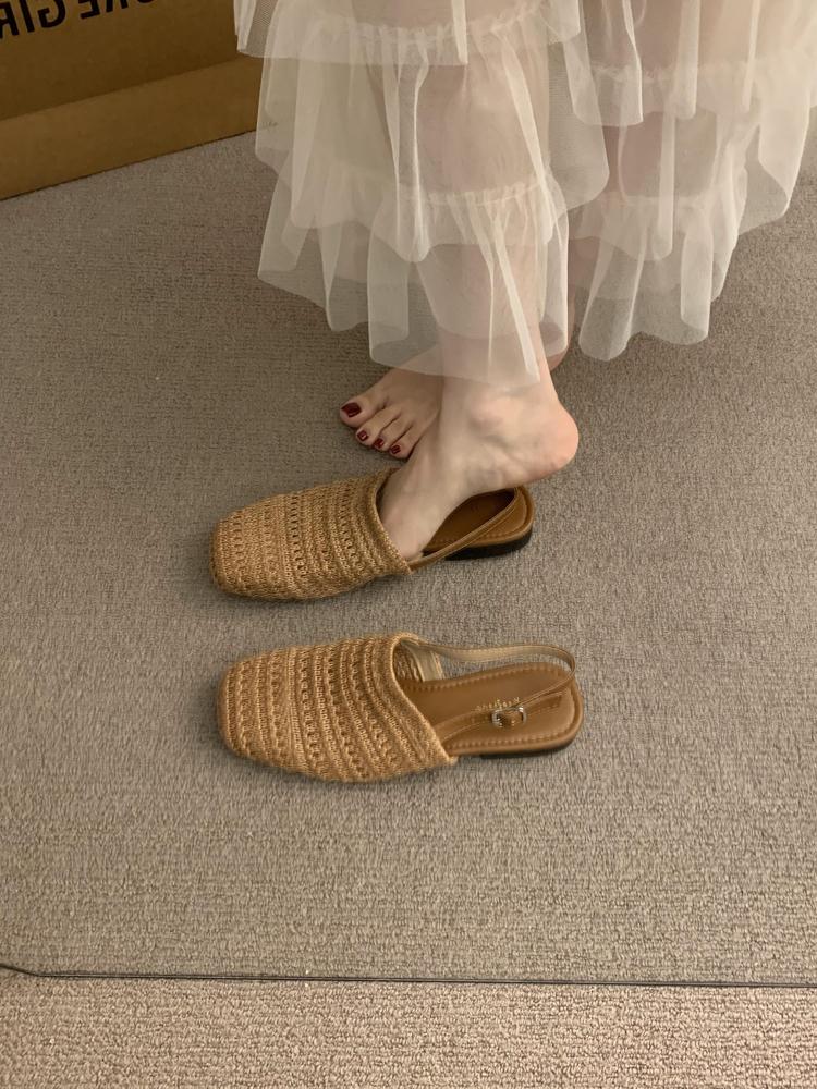 

Thick heel shallow mouth straw woven bag head empty sandals women s shoes 2025 summer new flat bottom one word with cool single shoes 40 коричневый