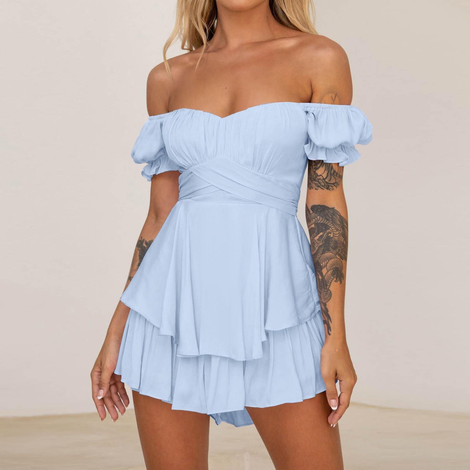 

Sexy Women s Off Shoulder Solid Color Short Sleeved Pleated Layer Back Zip Short Jumpsuit M светло-синий