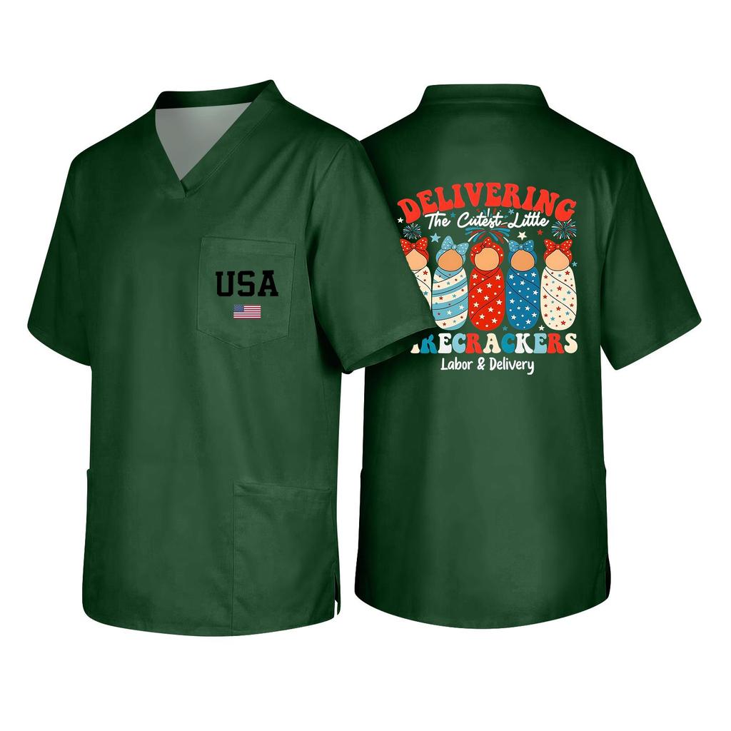 Men's Short Sleeve V Neck Work Shirt Nurse Uniform Top with Pocket USA Print Casual Fit Medical Scrub Tee for Healthcare Professionals