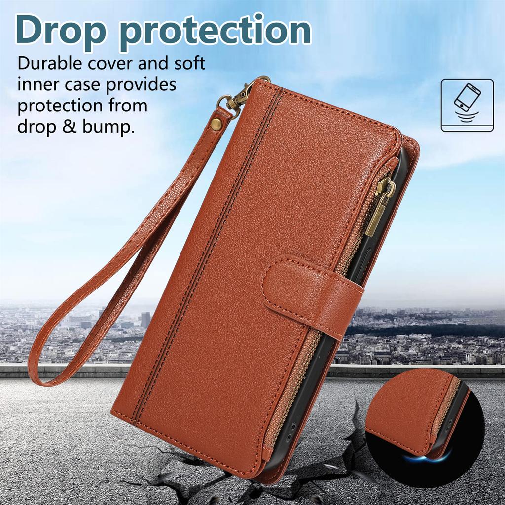 For iPhone 15 Pro Max Case Multi Card Slots Zipper Leather Phone Cover with Wrist Strap