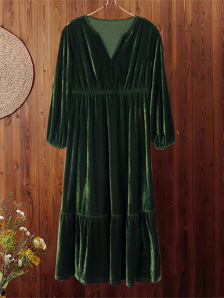 Plus Size Velvet Lantern Sleeve Slit V-neck Dress for Women (2025)