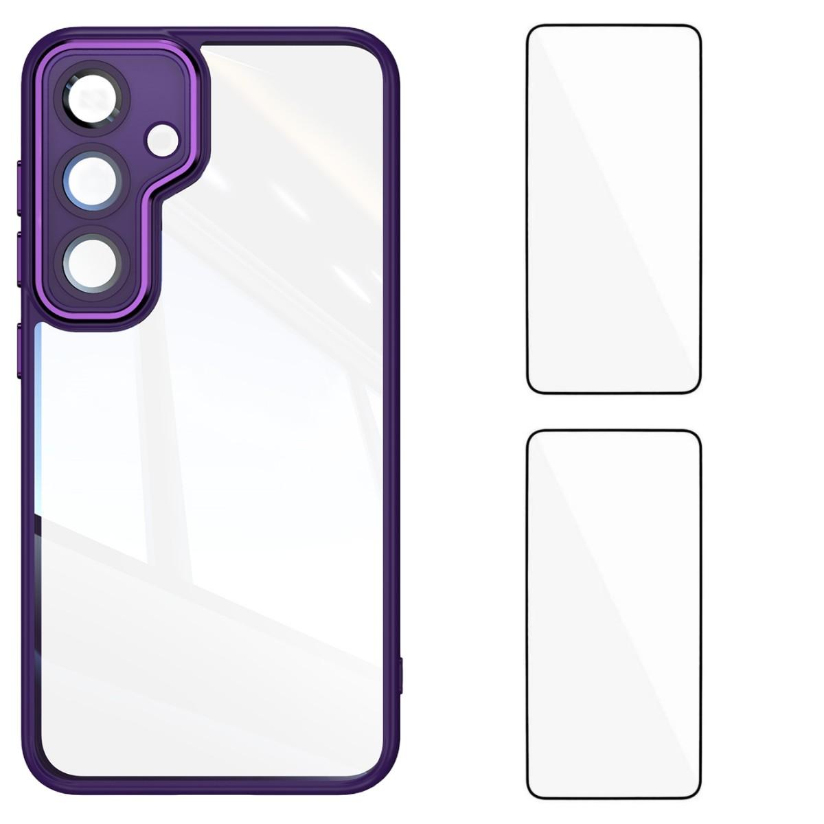 

For Samsung Galaxy S25+ TPU Case WANLONFENG Drop-proof Clear Phone Cover with 2Pcs Tempered Glass Film Dark Purple