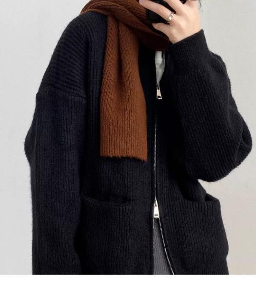 Double zipper solid color design sweater cardigan women's spring and autumn new Korean loose casual knitted sweater women