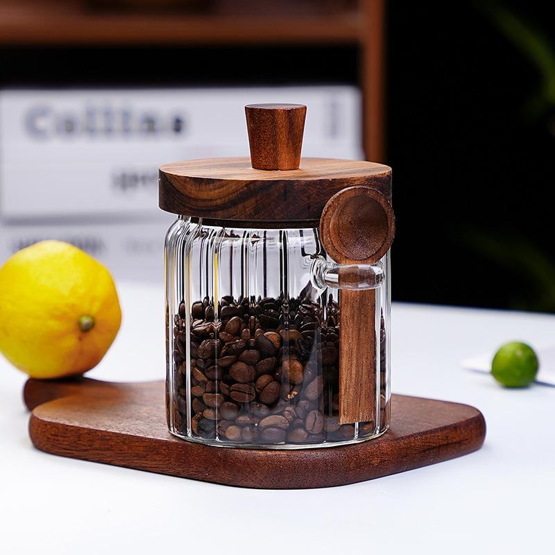 New household thickened honey storage tank with stirring stick Acacia wood cover transparent glass food sealed jar