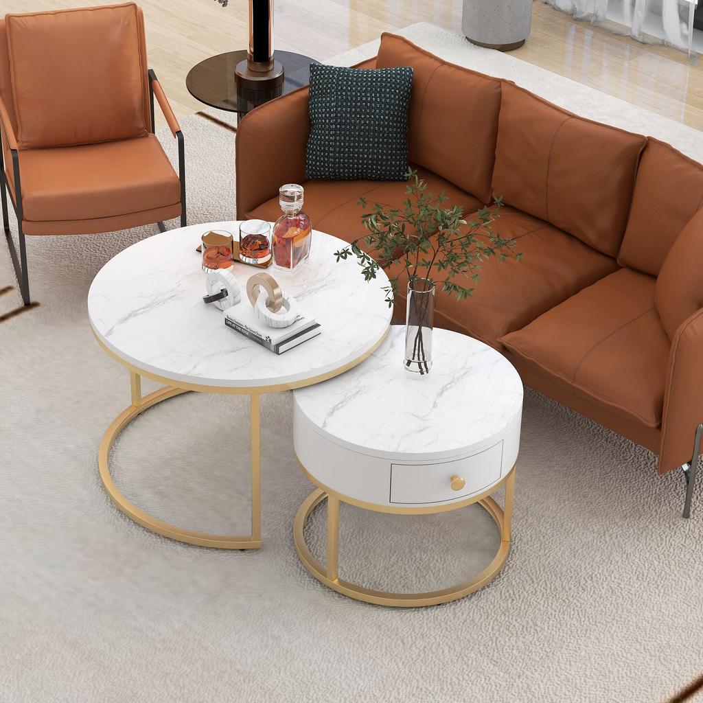 Couchtisch Rund, Satztisch 2er Set, Moderne Nesting Kaffeetisch Schublade, Gold Marmormuster, Sofatische Schlafzimmer Balkon Büro, Schwarz