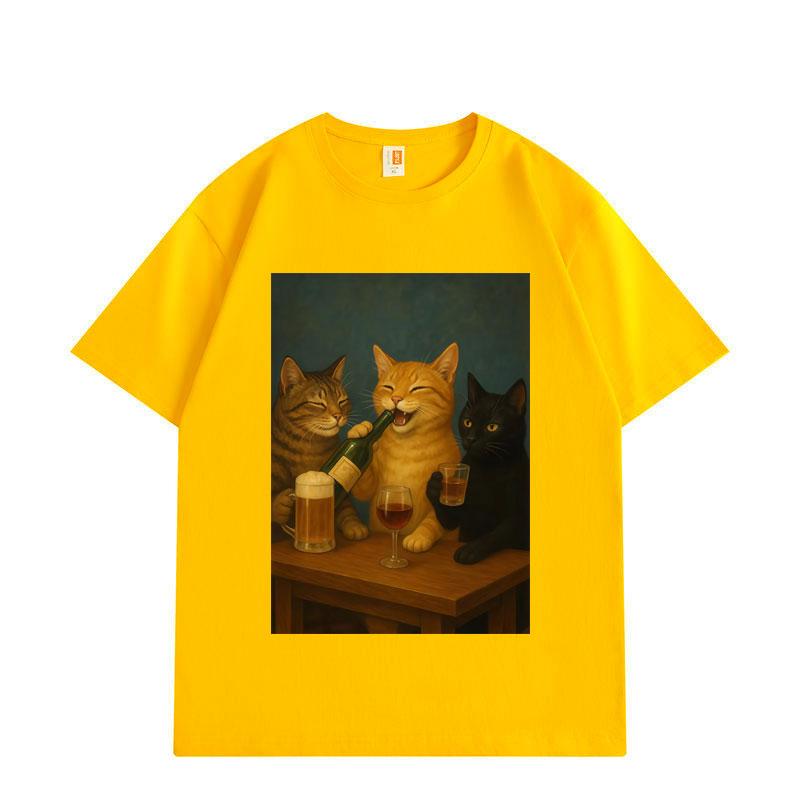 Funny Drinking Cat Meme Graphic T-shirts High Street Fashion Trend Short Sleeve T Shirts Men Women Casual Loose T-shirt