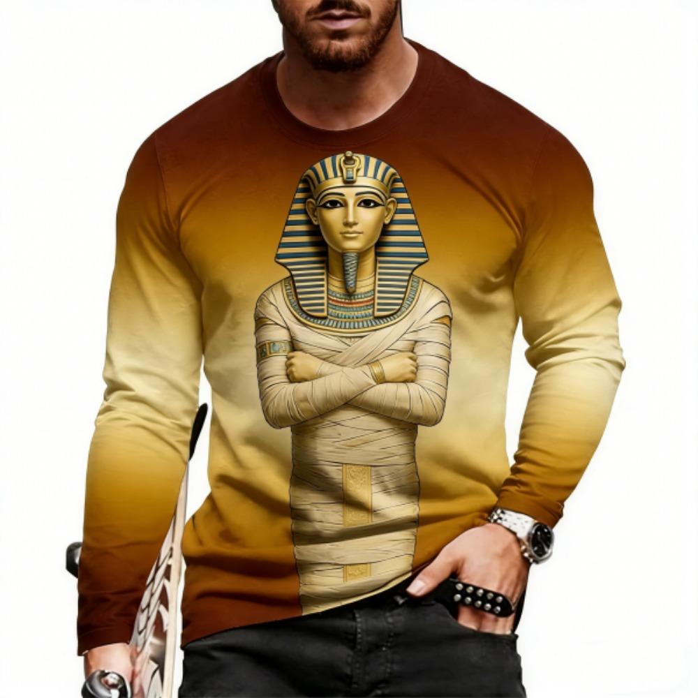 Europe America Men's T-shirt Fashion Egyptian Culture Print Pullover Comfortable Men's Long Sleeve T-shirt Outdoor Oversized Tees Top