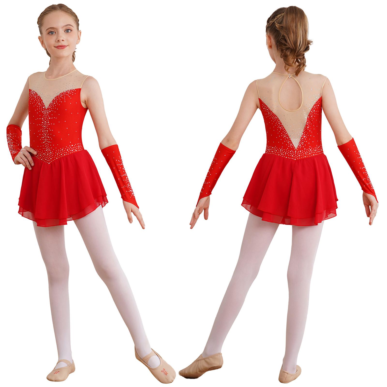 IEFiEL Meisjes IJs Kunstschaatsen Jurk Ballet Dans Competitie Gymnastiek Strass Leotard Jurken met Handschoenen 7-8 Years rood
