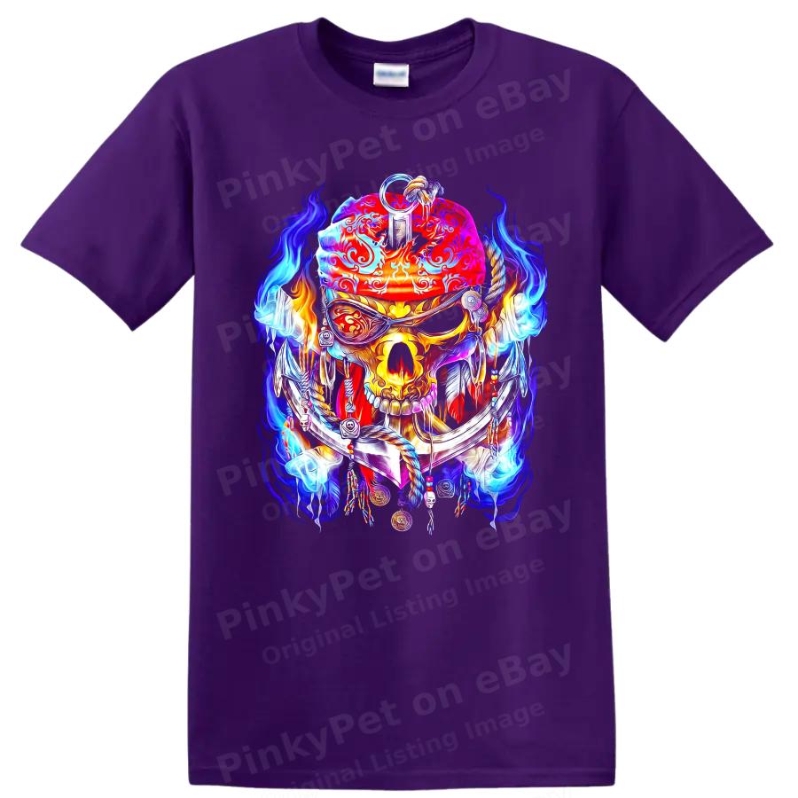 Pirate Skull T Shirt Neon Street Art Bandana Flames Graphic Tee Gift Colorful