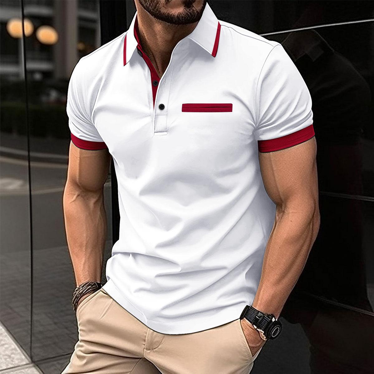 

Fashion Men s Summer New Chest Fake Pockets Splicing Colour Blocking Casual Sports Polo Shirt Tops S белый
