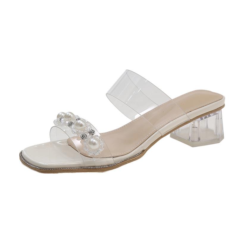 Fashion Shoes Women Glitter Slides Square heel Slippers Heels Med Low Pantofle Soft Jelly Block High Transparent Summer 2025 PU PVC Rub