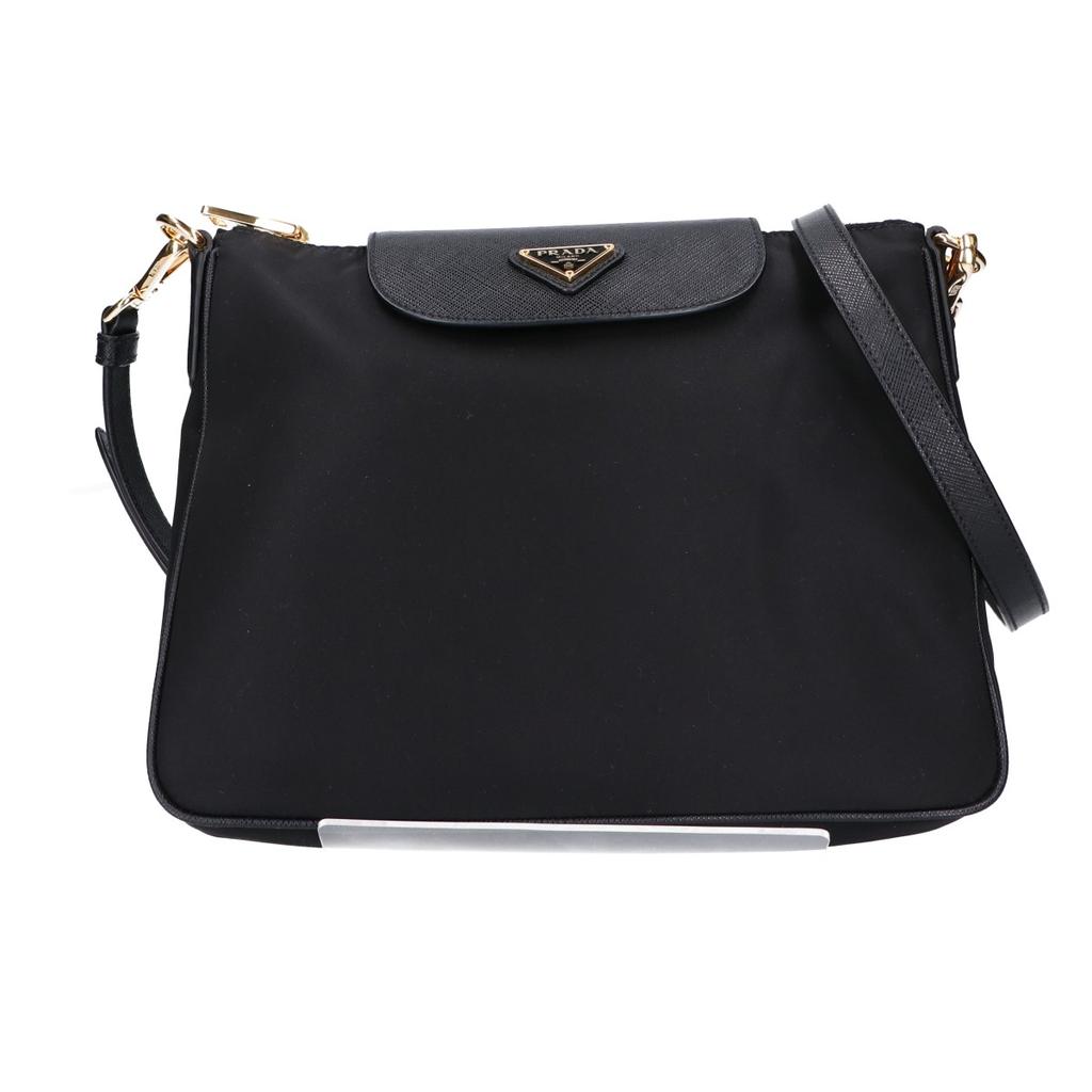 PRADA 1BH933 Triangle Logo Tessuto Nylon x Saffiano Shoulder bag Black/GDHardwareUsed