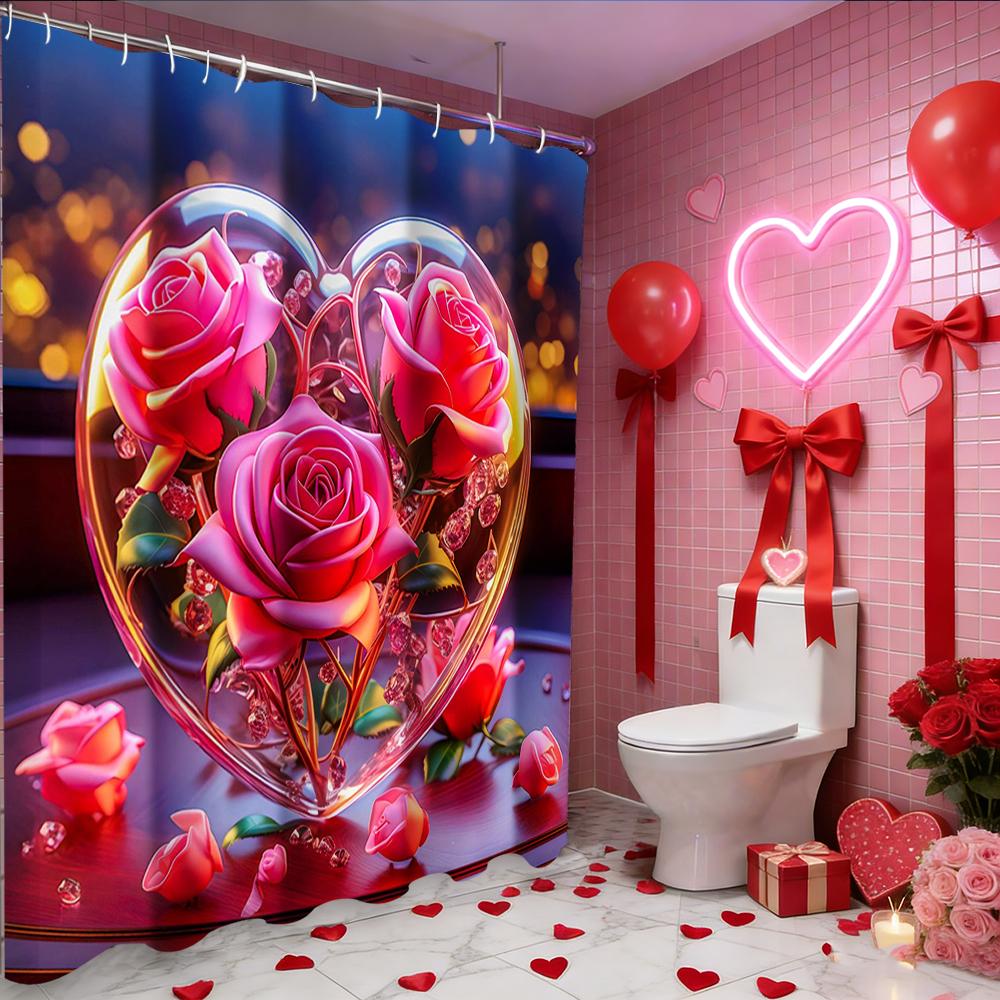Valentine's Day Love Heart Rose Shower Curtain, Bathroom Shower Waterproof Curtain with 12 Hooks, Fish Shaped Home Decoration