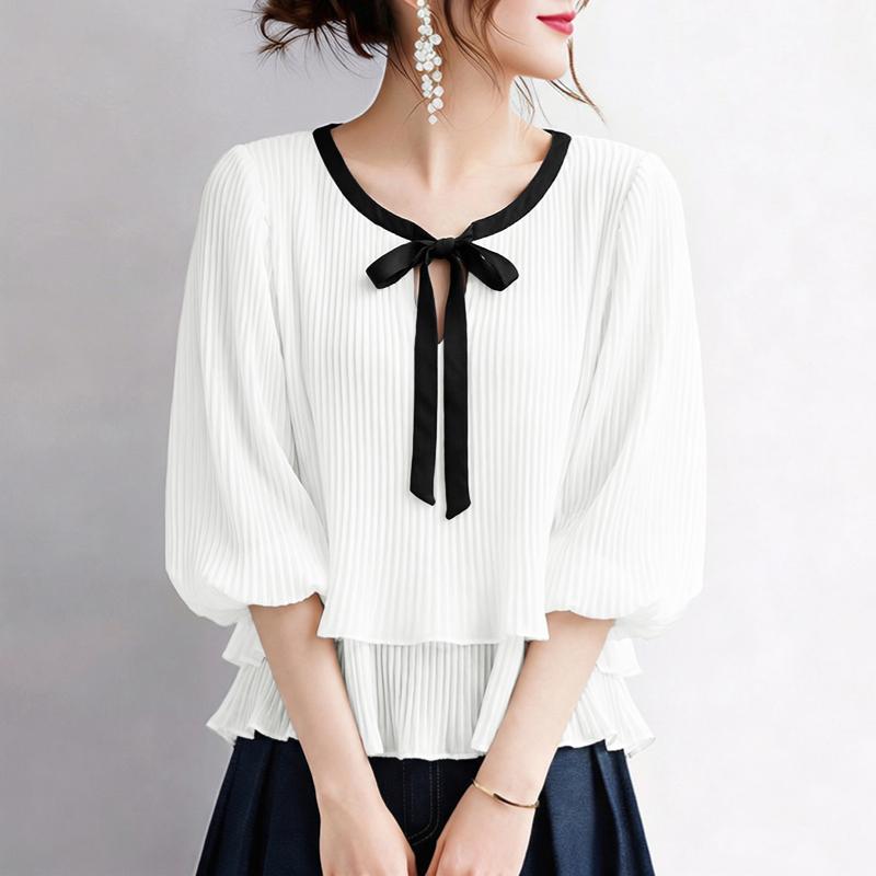 ZANZEA Women Elegant Casual Round Neck 3/4 Sleeve Loose Pleated Blouse M белый