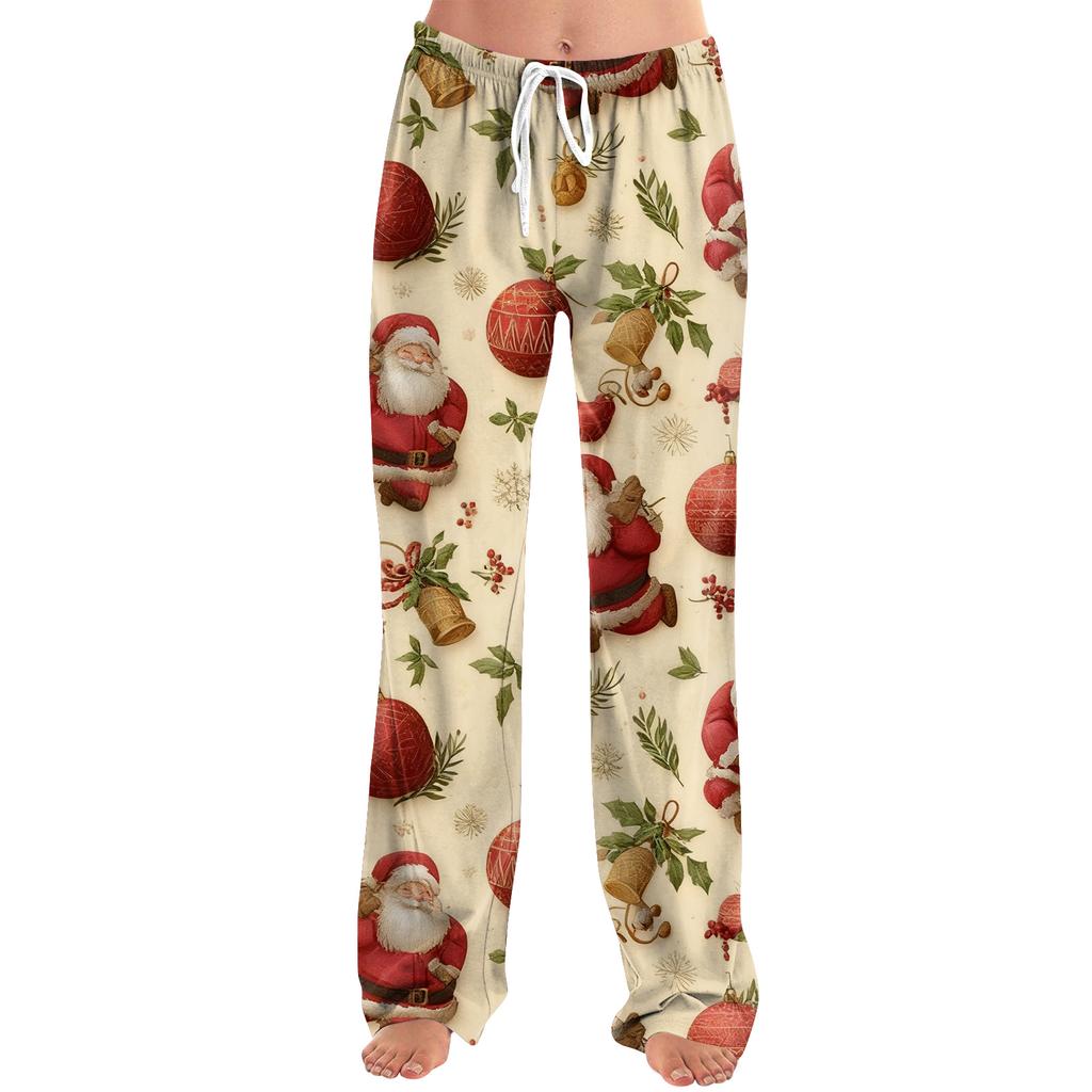 Ladies' Loose And Casual Christmas Printed Wide Leg Pants With Elastic Waistband Drawstring And Pocket Pants