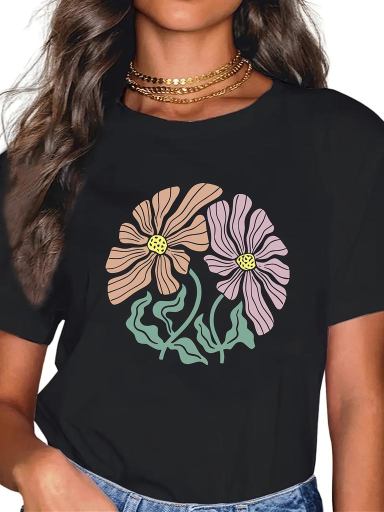 Womens Casual Round Neck Short Sleeve Abstract Floral Print Ribbed Detail Harajuku Short Sleeve Casual Aesthetic Clothes