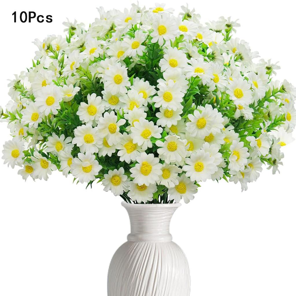 10pcs Artificial Daisies Flowers Outdoor Fake Plastic Plants UV Resistant Faux Greenery Shrubs Greenery for Hanging Planters