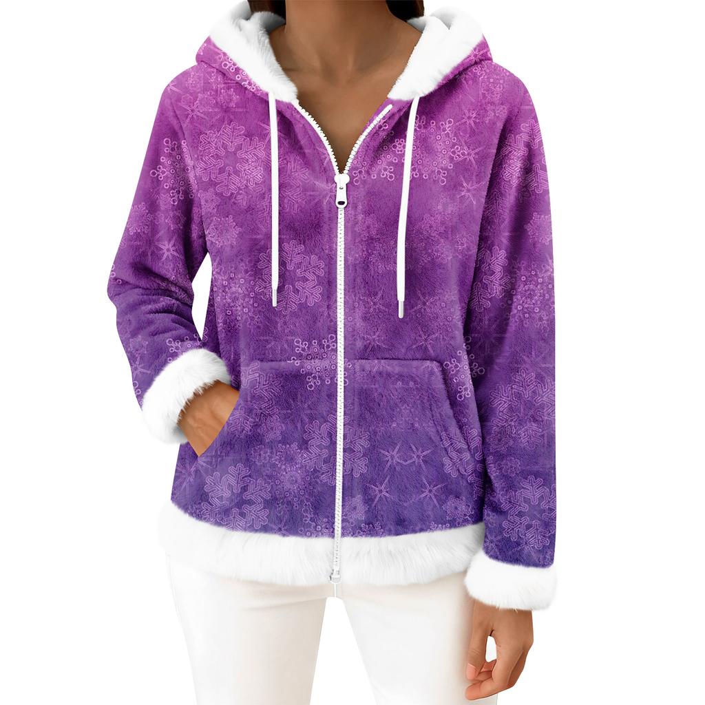 Damen Freizeitmode Langärmiger Fleece-Kapuzen-Cardigan mit Reißverschluss