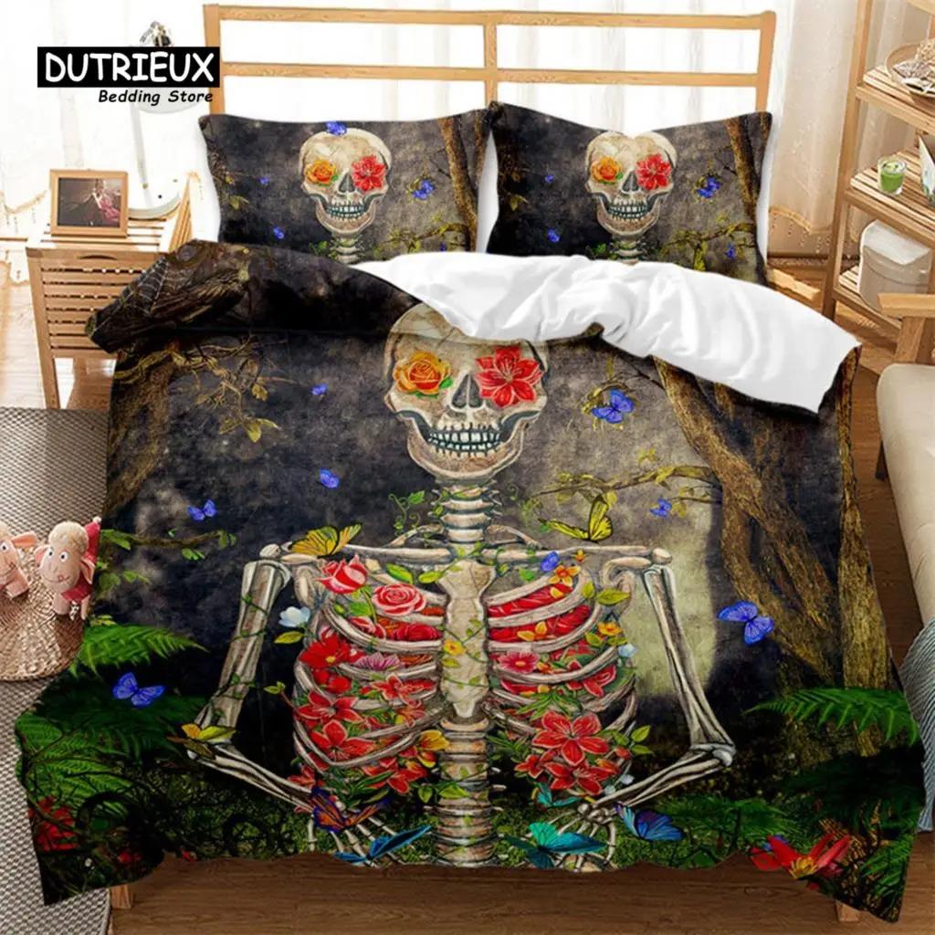 Dark Skull Duvet Cover Microfiber Gothic Skeleton Bedding Set Horror Theme Comforter Cover Queen For Teen Adults Bedroom Decor