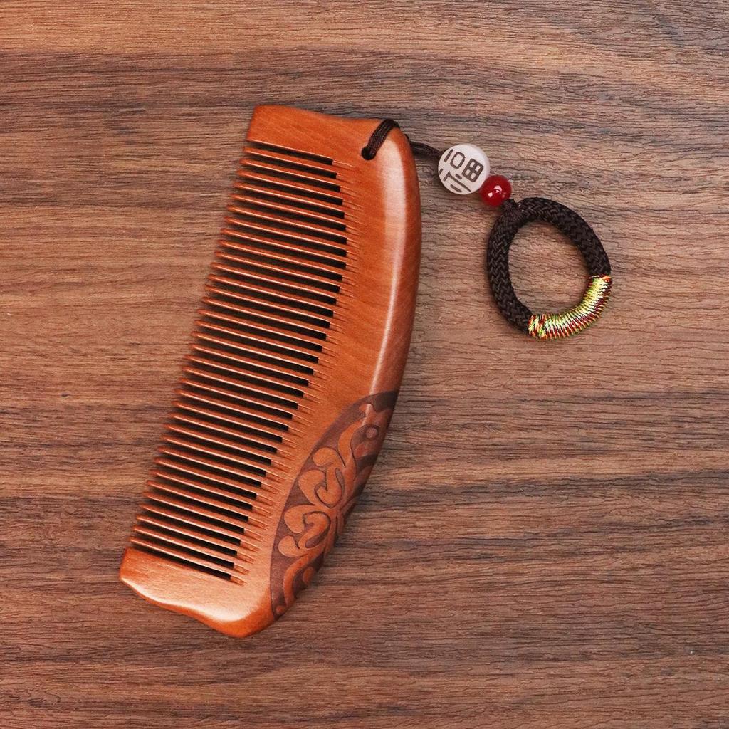 Double-Sided Carved Peach Wood Comb - Dense Teeth, Compact Size, Premium Solid Wood for Hairdressing.